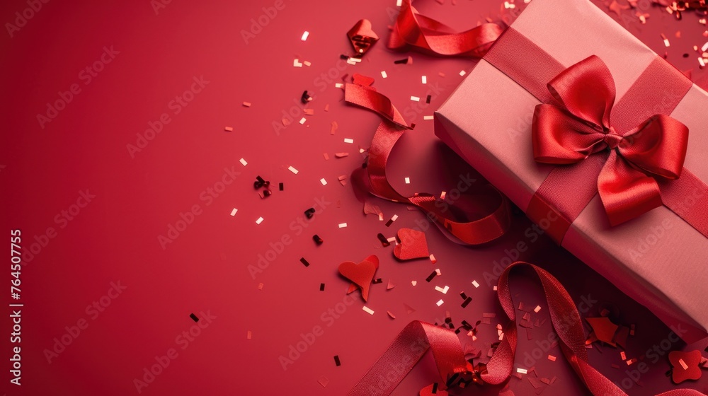Gift box with red bow on red background. Concept of Valentine's day, wedding, birthday, New Year, Christmas Gift box with red bow on red background. Concept of Valentine's day, wedding, birthday, New Year, Christmas