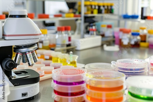 Wallpaper Mural A microbiology laboratory with petri dishes containing bacterial cultures, microscope slides, and agar plates filled with colorful colonies, Generative AI Torontodigital.ca