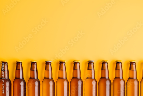 rangée de bouteilles de bière blonde avec des capsules dorées, sauf 2 bouteilles qui ont des capsules argentées. Fond jaune avec espace négatif copy space photo