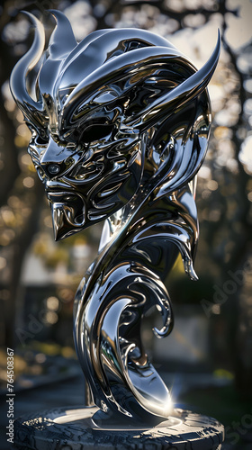 かっこいい銀色メタルの龍の顔、縁起の良い置物