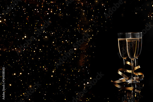 Faire la fête, fond festif avec 3 flutes à  champagne, coupes en hauteur remplie de champagne, et entortillées de bolduc doré, sur un fond noir pailleté en doré, paillettes or, avec copy space © Noble Nature