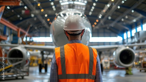 Young Technician in Reflective Vest Observes Airplane Assembly in Aircraft Hangar