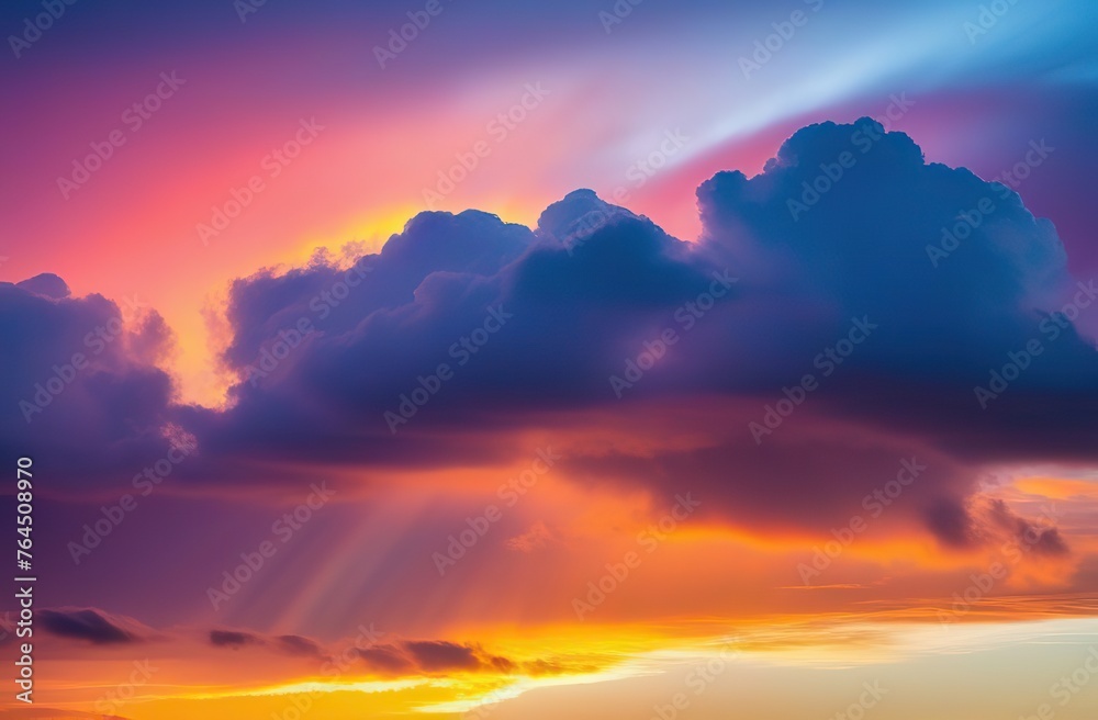 Colorful watercolor background of abstract sunset sky with puffy clouds in bright rainbow colors