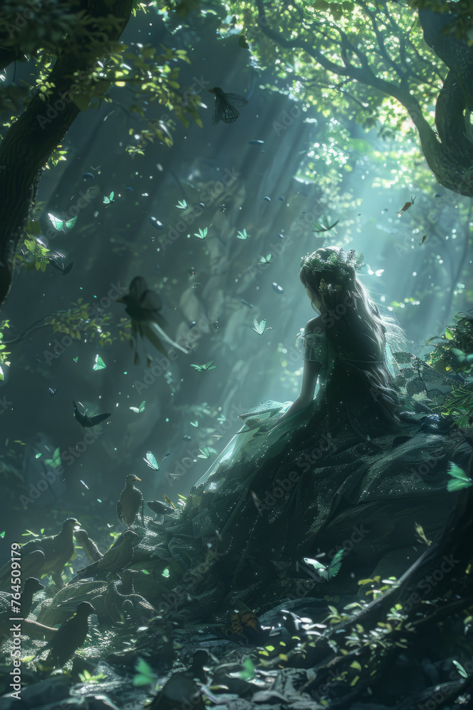 A woman in a flowing dress merging with the forest, surrounded by butterflies and illuminated by ethereal sunlight piercing through the canopy.