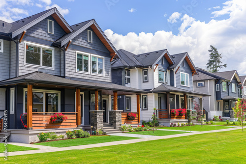 an American style suburban home with two stories, gray walls and white trim, and blue accents on the roof. The house has a front porch that leads to three single doors