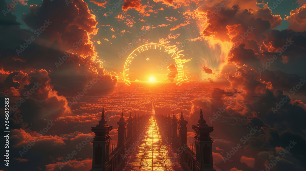An ethereal scene featuring a surreal bridge leading towards a luminous clock face nestled among dramatic clouds against a vibrant sunrise background. An ethereal scene featuring a surreal bridge leading towards a luminous clock face nestled among dramatic clouds against a vibrant sunrise background.