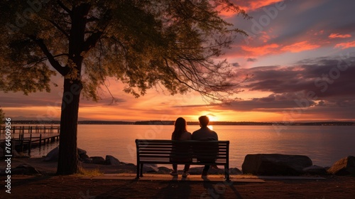 couple sitting on a bench at sunset