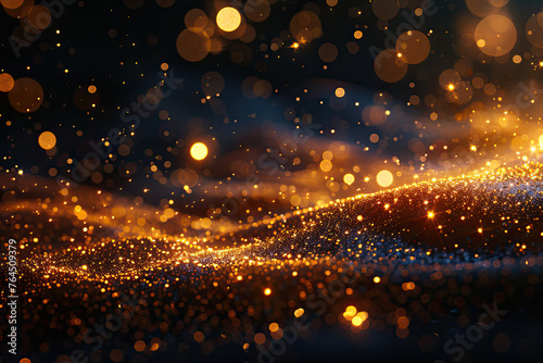 A glowing gold particles forming an abstract wave pattern on a dark background, with light effects and bokeh. Created with Ai