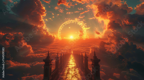 An ethereal scene featuring a surreal bridge leading towards a luminous clock face nestled among dramatic clouds against a vibrant sunrise background.