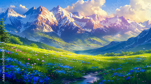 Summer Valley Landscape, Mountains and Flowering Meadows