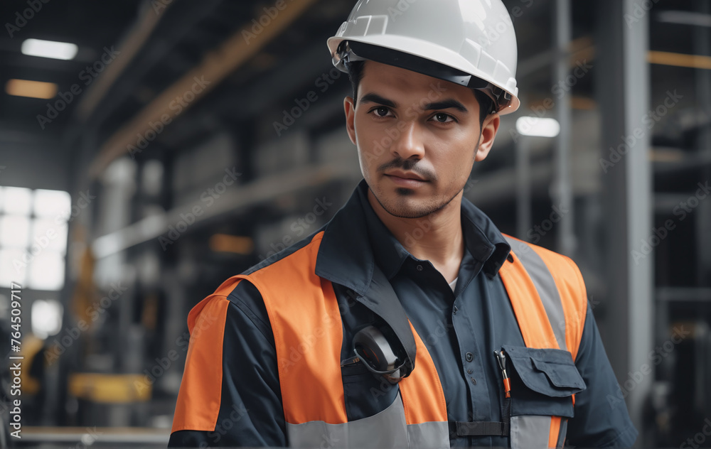portrait of a skilled male maintenance engineer adorned in a professional uniform and helmet
