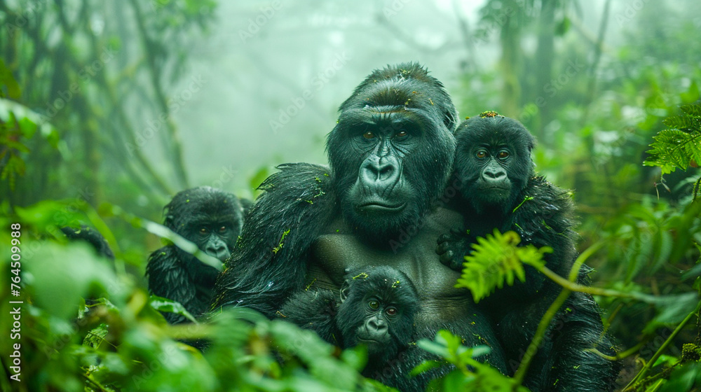 Gorilla Mother and Infant Bonding in Misty Forest. Gorilla Mother and Infant Bonding in Misty Forest.