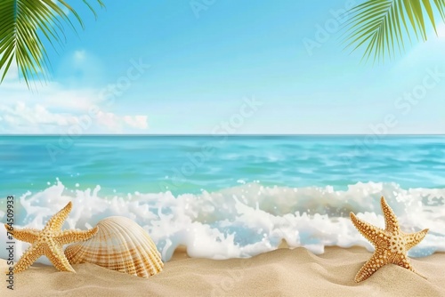 Tropical beach with sea star on sand, summer holiday background. Travel and beach vacation, free space for text. generative ai.