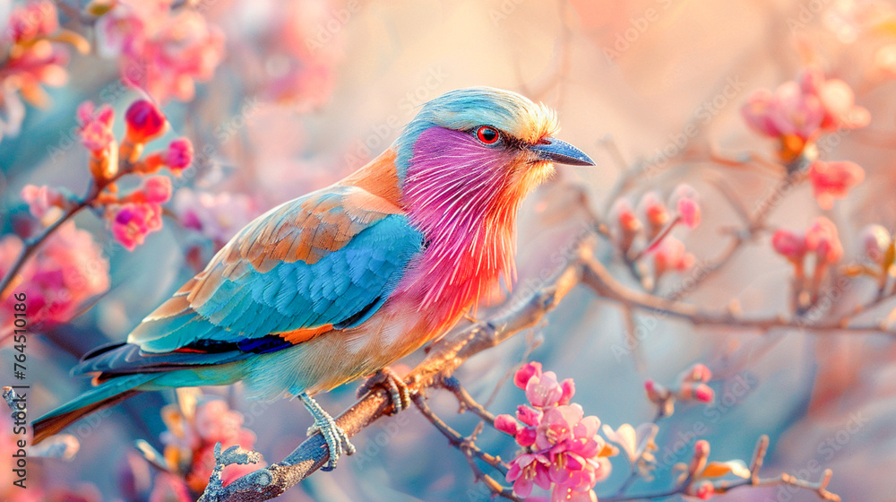 Fototapeta premium Lilac-breasted Roller Perched on Flowering Branch.