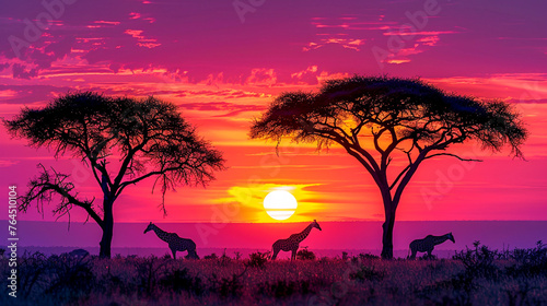 Giraffes and Acacia Trees at Vibrant African Sunset.