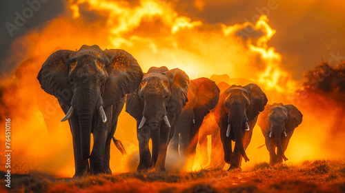 Herd of Elephants Against Fiery Sunset Backdrop. © NORN