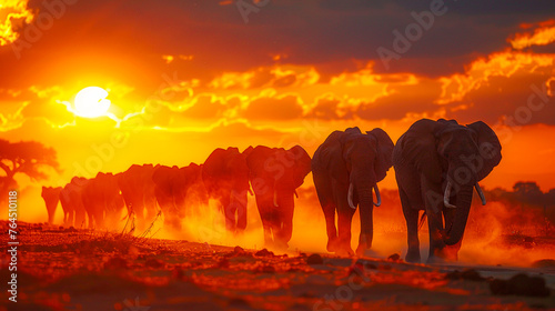Herd of Elephants Against Fiery Sunset Backdrop.