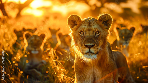 Pride of Lions in Golden Light of Dusk.