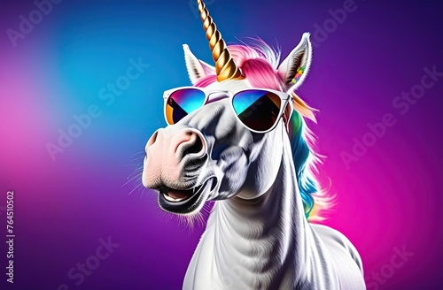 Funny unicorn wearing sunglasses in studio with a colorful and bright background.	
