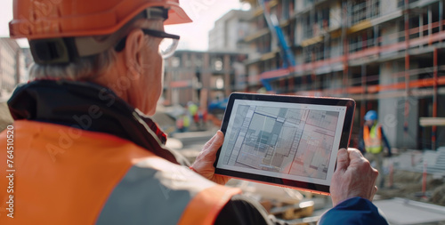 construction workers using an iPad to view architectural blueprints and design plans on the screen, with other busy work in the background