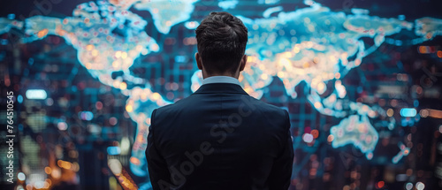 Economic growth visualized, businessman with global network map, strategic and forwardlooking photo