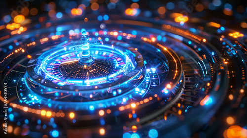 Futuristic 3D rendering of a casino roulette, with a hightech digital display