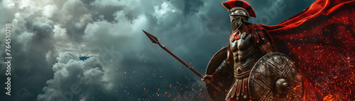 Roman Warrior of traversing ancient Greek land, spear and shield in arm, dramatic and fierce