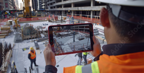 Vibrant video thumbnail for an app that captures the essence of construction site technology, showcasing digital twin models on tablet screens and busy workers photo