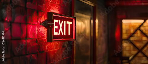 A bright red exit sign mounted on a white wall, providing clear direction in case of emergency photo