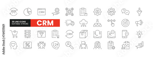 Set of 36 Customer Relationship Management line icons set. CRM outline icons with editable stroke collection. Includes Data Analysis, Support, Cloud CRM, Strategy, Customer Relationship, and More.
