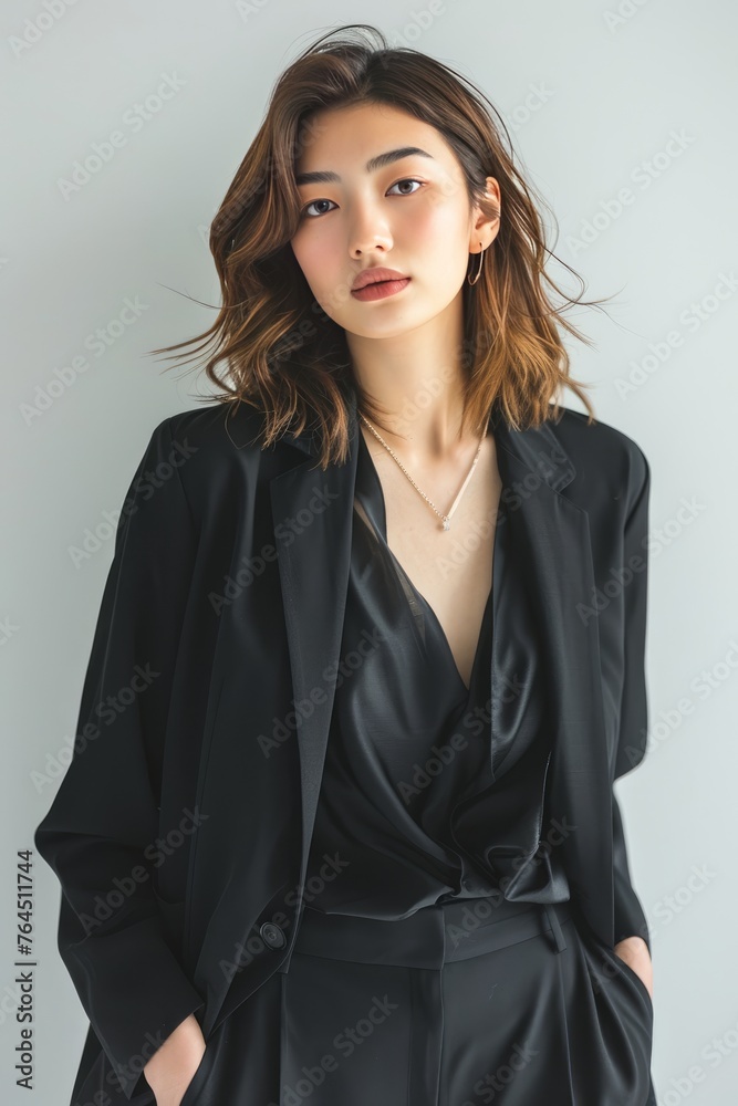 Portrait of a pretty young woman super model of Japanese ethnicity showcasing a timeless black blazer paired with tailored trousers, a silk blouse, and statement accessories