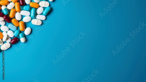 Various pharmaceuticals, tablets, capsules scattered on a blue background with spaces for copying. Generative AI