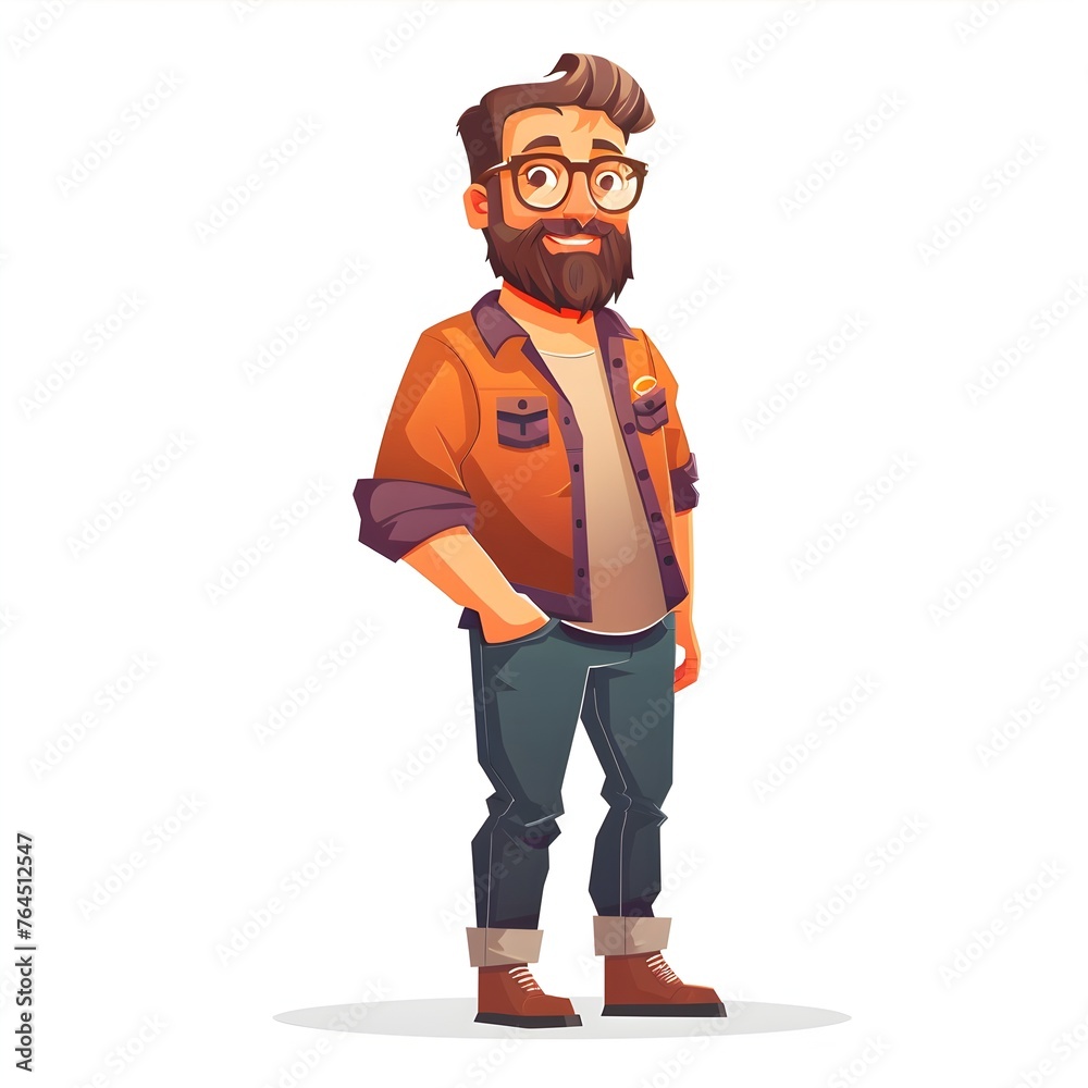 Cheerful of a Hipster Man with Beard and Glasses in Casual Wear