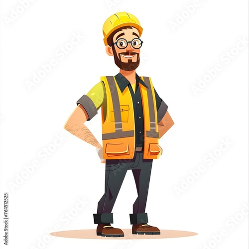 Stylish Cartoon Engineer in Yellow Vest and Helmet, Full Body Portrait with Confident Smile