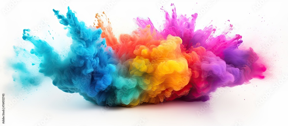 An image showing a close-up of a vibrant cloud of powder on a plain white background