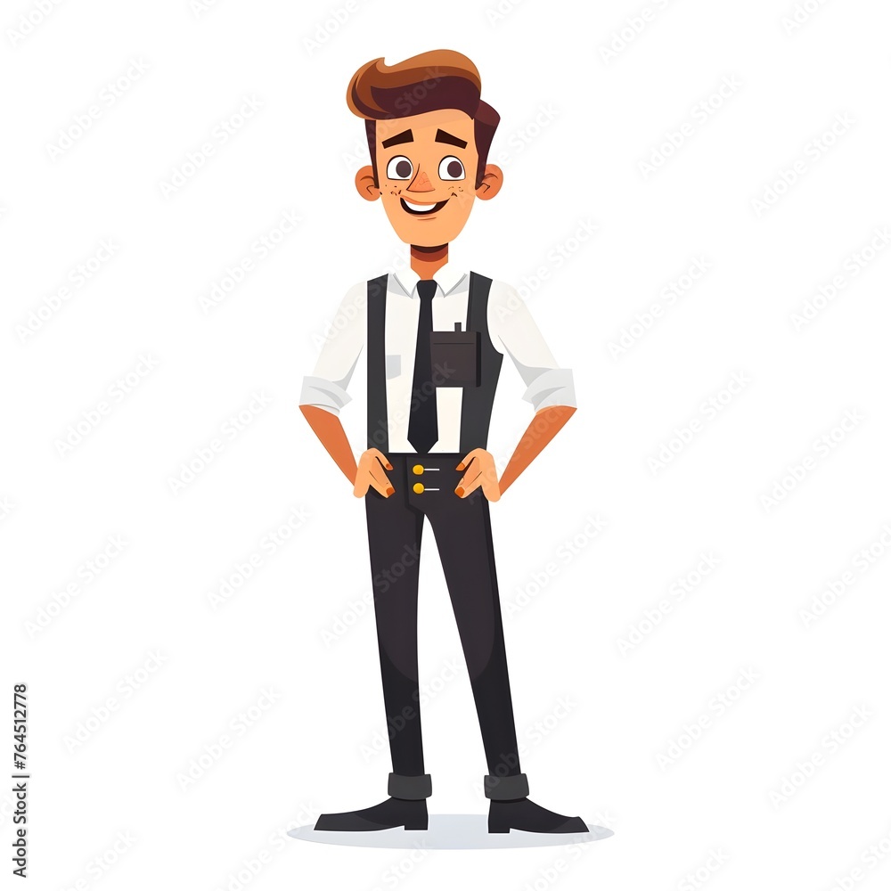 Cheerful Service Staff in Flat Design Style: Full-Length Portrait of a Confident Man in Black Pants, White Shirt, and Tie with Suspenders Cheerful Service Staff in Flat Design Style: Full-Length Portrait of a Confident Man in Black Pants, White Shirt, and Tie with Suspenders