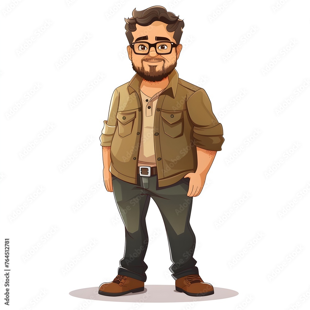 Obraz premium Cheerful Software Engineer in Flat Design Portrait with Brown Shirt, Glasses, and Beard