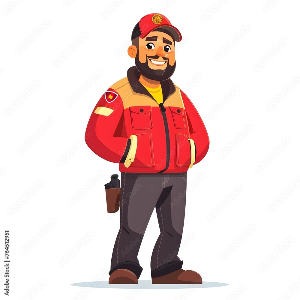 Cheerful Bearded Firefighter in Red Jacket: Stylized on White Background