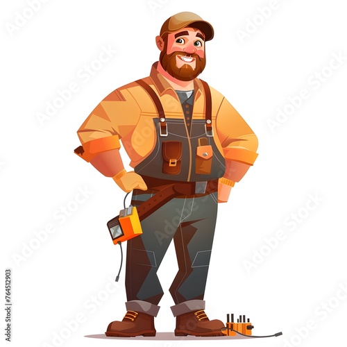 Cheerful Bearded Electrician Exuding Happiness while Holding Hand Tools, Full-Length