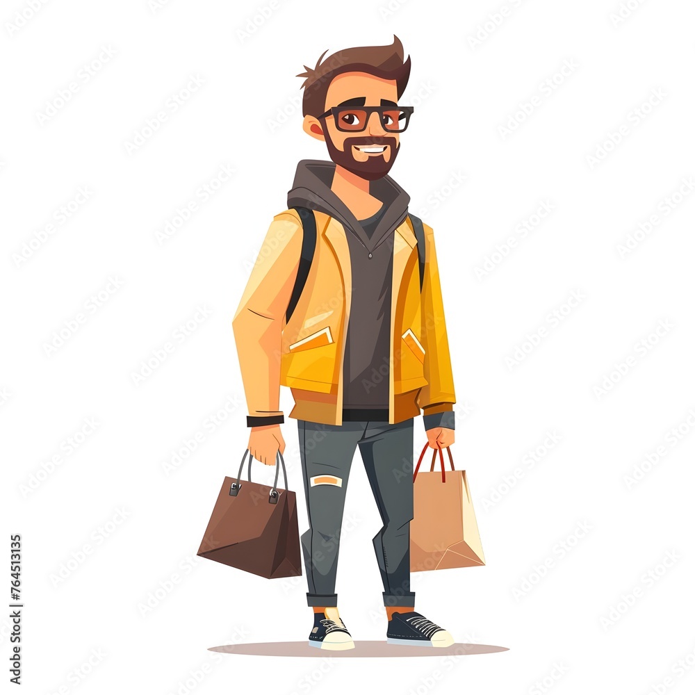 Cheerful Man Shopping with Bags in Yellow Jacket and Hoodie Cheerful Man Shopping with Bags in Yellow Jacket and Hoodie