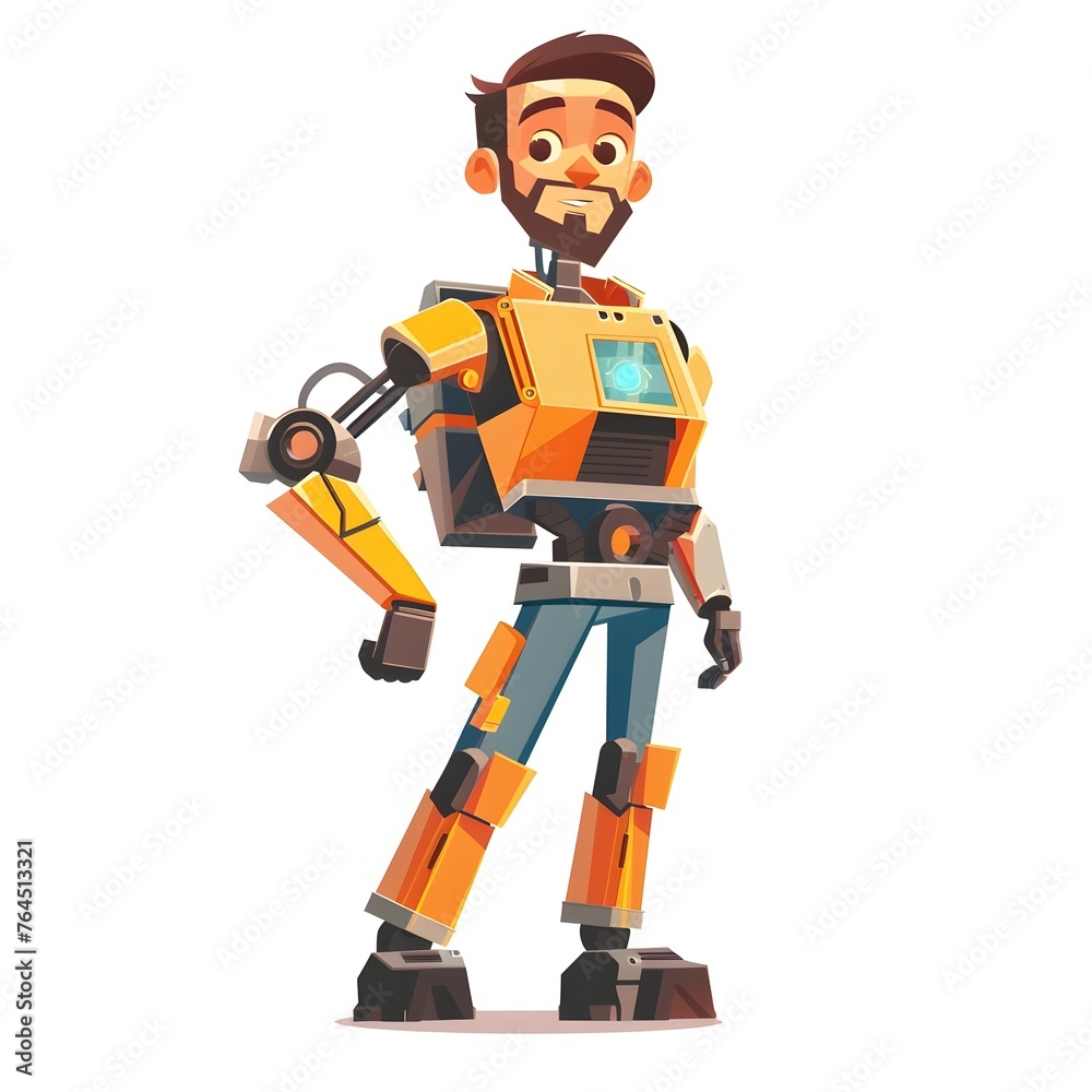Cheerful Robot Character with Mechanical Arm in Futuristic Attire Cheerful Robot Character with Mechanical Arm in Futuristic Attire
