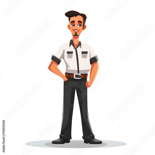 Cheerful Facilities Manager in Cartoon Style: Full-Length Portrait of a Security Guard in White Shirt and Black Pants