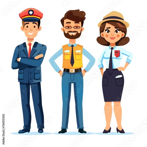 Security Guard, Flight Attendant, and Pilot in Uniform Conveying Teamwork and Professionalism in a Cheerful Cartoon Style