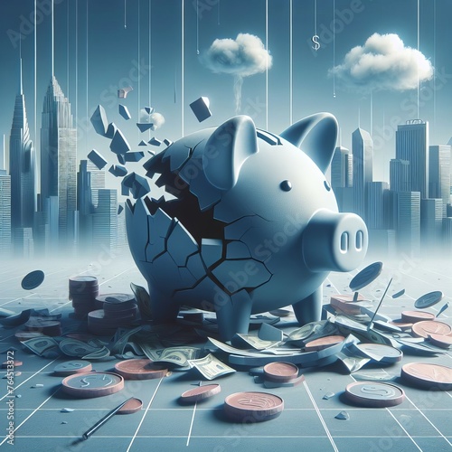 3D render of A conceptual visualization of a broken piggy bank, illustrating the personal financial loss many face during a crisis