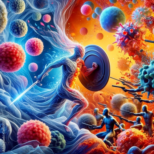 Concept art showing the abstract idea of the body immune system fighting against cancer cells, highlighting the strength and resilience required