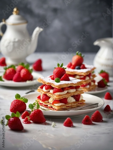 Elegant dessert with alternating layers of pastry and cream, decorated with fresh strawberries