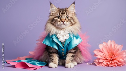 A majestic Maine Coon in a dapper costume complemented by pink flower and accessories photo