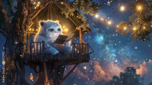 A fantasy feline creature enjoys a book in a cozy, illuminated treehouse against a backdrop of a starry night sky.