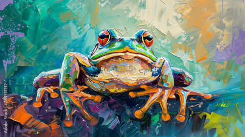 Colorful Illustration of  cute green frog on abstract background. Oil painting.