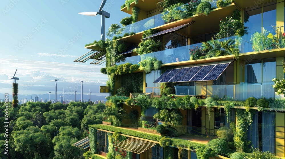 Incorporate green roofs, solar panels, and miniature wind turbines around a building that merges 